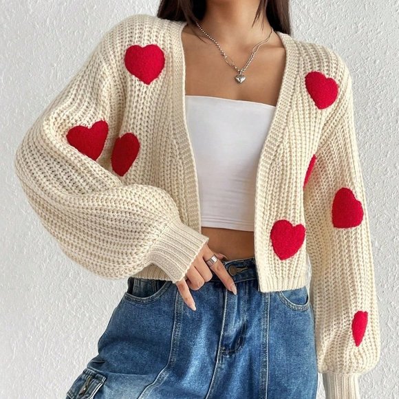 Multicolor Casual Womens Heart Pattern Drop Shoulder Duster Cardigan - Picture 5 of 5